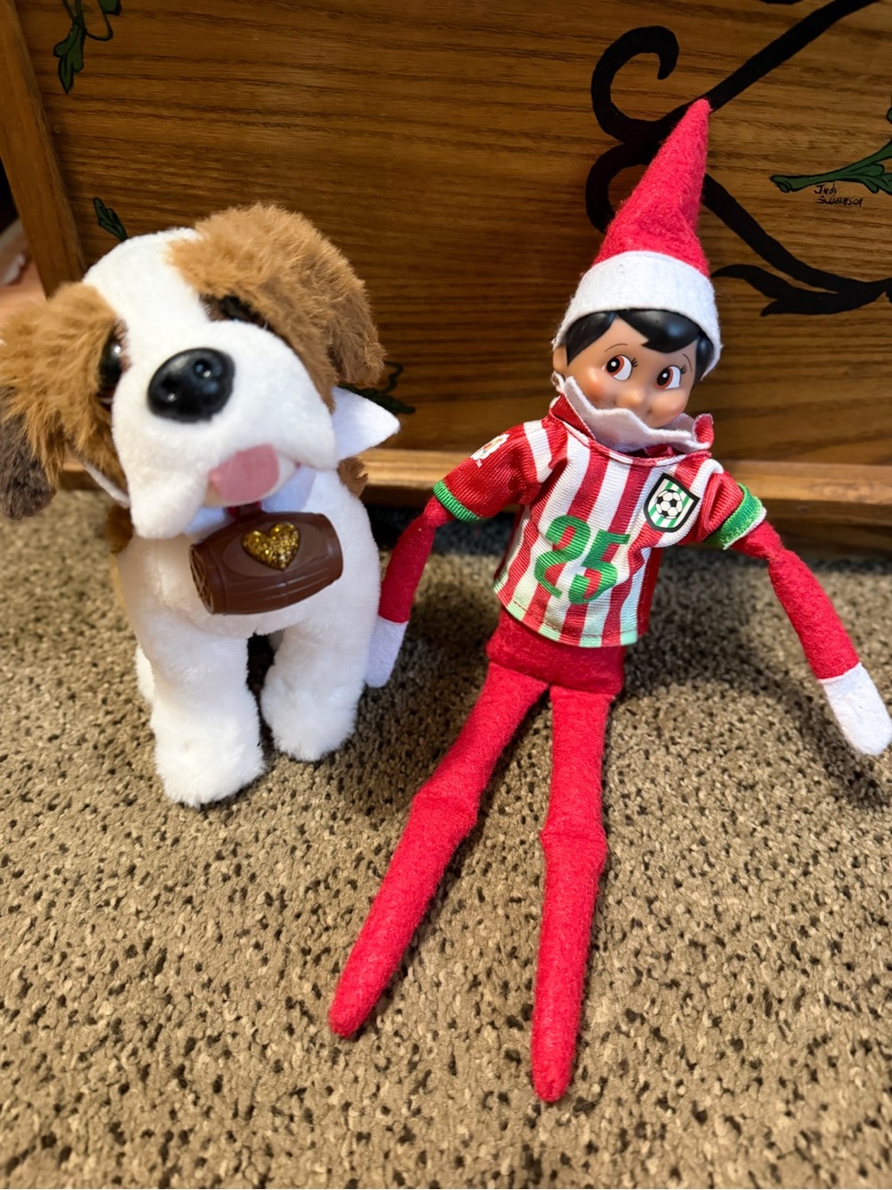 Holiday Elf on the Shelf Doll in Red with Striped Jersey & St. Bernard